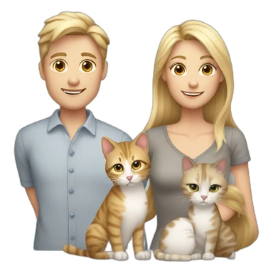 family with blond mother with straight blond hair, son with blond hair, brindle cat and white cat with gray spots sticker