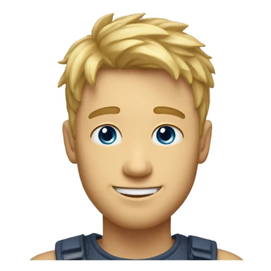 A TOK emoji of a blonde man with messy bangs and short hair on the sides, smiling and without glasses, with blue eyes, without a mustache sticker