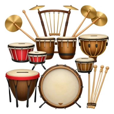 Create a professional, emblem-like emoji representing percussion instruments, including both traditional and folk drums. Feature a snare drum, bass drum, timpani, cymbals, marimba, tambourine, djembe, bongos, cajón, triangle, castanets, and ratchets in a balanced, heraldic composition. Crossed drumsticks at the center symbolize rhythm, while a ribbon of musical notes weaves around the instruments. Use rich gold, mahogany, and silver tones with polished highlights. Add laurel wreaths and subtle engravings for a grand, festive feel. The design should be harmonious, visually complete, and on a transparent background. sticker