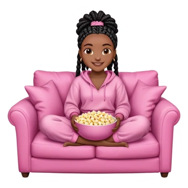 A dark-skinned Black woman with black box braids, holding a large bowl of popcorn in her lap, smiling, wearing comfy loungewear sitting on pink couch. sticker