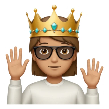 Un niño con cabello lacio no muy largo color marrón castaño,ojos marrones,piel no muy blanca, que tenga lentes de sol color negro,reloj en la mano derecha y una corona como sombrero sticker