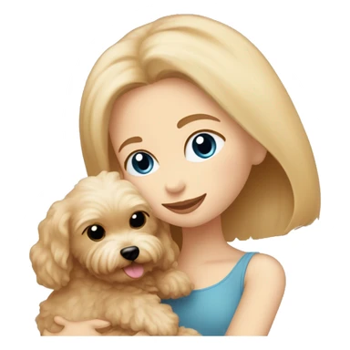 Blonde girl with long straight hair and blue eyes is hugging a small caramel maltipoo sticker