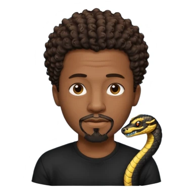 Homme noir, yeux marron avec un bouc que le menton, cheveux court et bouclé crépus avec dégradé sur le côté, avec un cobra à côté , t-shirt noir  sticker