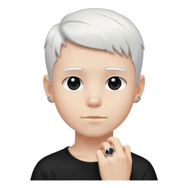 just a boy with TOTALLY WHITE SHORT HAIR (pure white like paper or snow, not gray, not blonde), wearing dark t-shirt, silver ring with black stone sticker