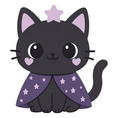 kawaii style magical gothic cat, cute face, black fur, purple heart markings, wearing a starry cape, cheerful and magical sticker