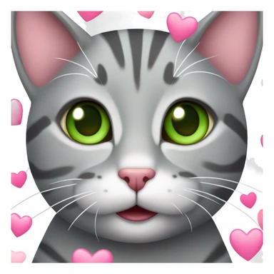 A grey tabby cat with a pink nose and green eyes is happy and she is surrounded by hearts sticker