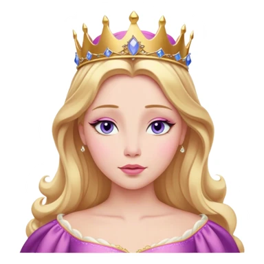 Cinematic Realistic Sleeping Beauty (Aurora) Portrait, with porcelain-like skin featuring a natural rosy flush, illuminated by soft lighting that highlights the gentle contours of her face. Her golden blonde hair flows in soft, detailed waves with subtle highlights that shimmer in the light. Her deep violet-blue eyes radiate warmth and innocence, framed by arched brows and long lashes. Her serene expression exudes quiet elegance. She is dressed in her classic pink gown, the fabric rich in texture with delicate folds that catch the light. A golden crown rests atop her head, gleaming with royal refinement. The portrait captures a soft, glowing aura, blending realism with an ethereal sense of beauty and timeless enchantment. sticker