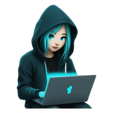  Girl artist behind his laptop with this style : Alan Walker Singer neon glowing bright black+cyan character black+cyan themed character sticker