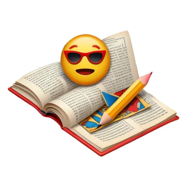 Create a vibrant emoji representing comic books and graphic novels. The design should feature a large, open comic book or vintage comic magazine with pages displaying classic American comic art, with text in Russian. The comic pages should have bold, dynamic panels and action scenes. Include a pencil writing on the pages, but without a hand, to symbolize the artistic creation of comics. Use bright colors like red, blue, and yellow, with a retro feel to the design. Make the background transparent. sticker