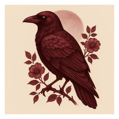 погенерируй ворона полубоком внешне как на референсах, четкие контуры тени и блики в винном бордовом цвете sticker