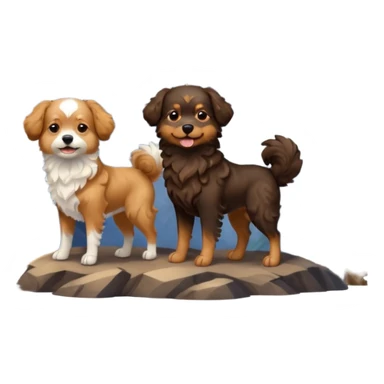 two dogs with wavy hair, one black and brown, one shades of brown with mountains sticker