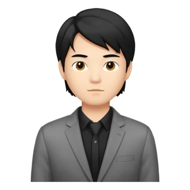 asian young man with mid-long black hair middle part haircut in grey blazer and black t-shirt  sticker
