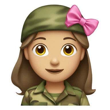 girl wearing camouflage saluting with pink bow on head and brown hair and heels on feet emoji sticker