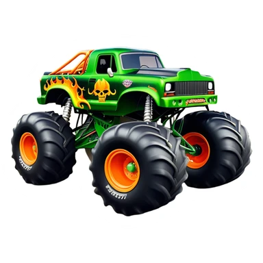 Grave Digger - Monster Jam (Model Year: 2022) (Iconic colour: Green with flames) - A legendary monster truck with a fearsome design: predominantly deep green with dynamic, vibrant flame graphics in bright orange and yellow. Highlight its rough, edgy bodywork and an aura of untamed rebellion. sticker