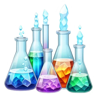 A set of colorful growing crystals in various stages of development, surrounded by beakers and jars with chemical solutions. Light shining on the crystals creates a dazzling glow. Background of a clean, well-lit workspace with scientific tools and equipment. Transparent background. sticker