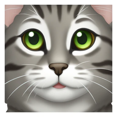 grayish brown tabby cat with green eyes and white muzzle and chin sticker