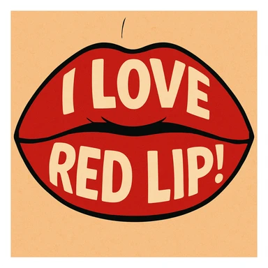 close-up of closed lips with vibrant matte red lipstick, bold and graphic, with the phrase 'I love red lip!' incorporated sticker