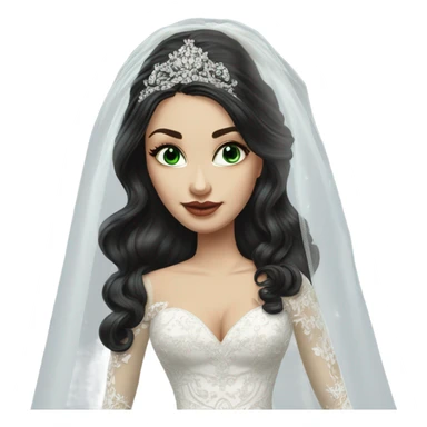 Hyper Realistic ornate ballgown long sleeve Wedding dress with diamanté on Russian bride with pale skin and green eyes and long black hair with veil hyper realistic  sticker