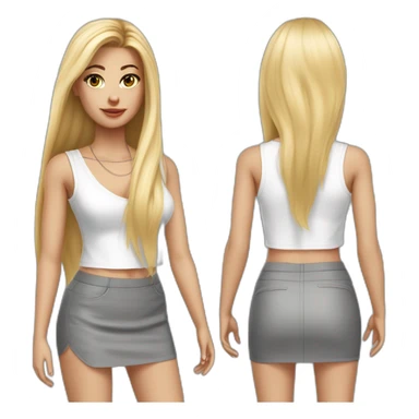 hyperrealistic caucasian blonde, long straight hair, white deep v-neck crop tanktop, gray tight mini skirt sticker