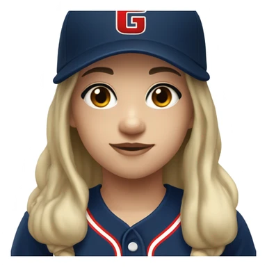 Black long hair and white skin girl wearing navy ballcap emblazoned with a red G initial and wearing baseball uniform sticker