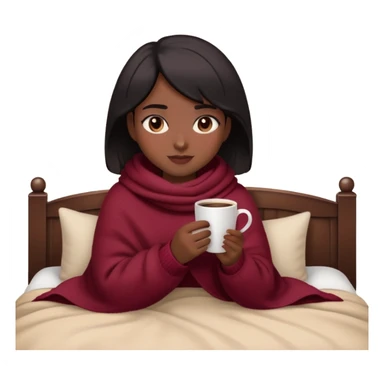 A cozy Apple-style emoji of a girl with short black hair, wearing a burgundy sweater, wrapped in a soft blanket, and holding a warm cup of coffee. Her skin tone is a bit darker than olive, and she’s wearing mascara. She looks relaxed and cute, with a warm and peaceful vibe sticker
