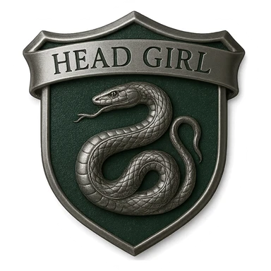 Transform this badge into a realistic Slytherin head girl badge. Replace the lion emblem with a detailed serpent emblem. Change the colors to Slytherin's green and silver. Update the text to 'Head Girl'. Keep the polished, metallic style and remove any Gryffindor elements. The style should be realistic and polished metallic badge style. sticker