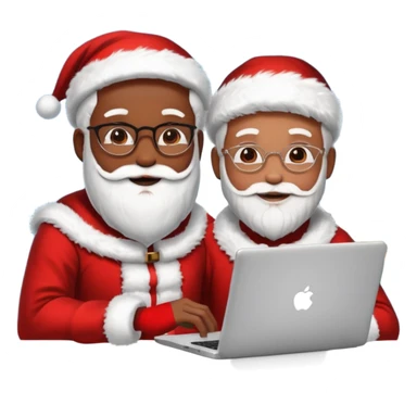 Jeune développeur homme de teint noir, assis devant un ordinateur portable affichant du code, dans une ambiance de week-end festive. À côté de lui se tient le Père Noël, souriant, portant sa tenue traditionnelle rouge et blanche.  sticker