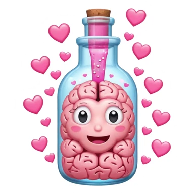 A cartoon brain inside a cute glass bottle with pink liquid, labeled “obsessed”, with hearts and sparkles swirling around. sticker
