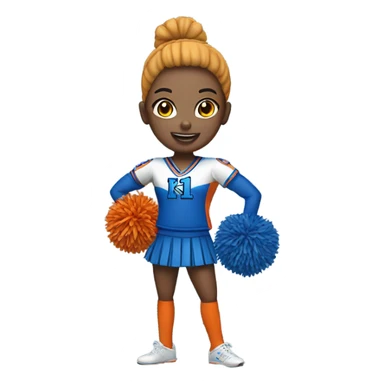 Cheerleader with orange and blue Pom poms  in her hand and a “K1 “on Uniform sticker