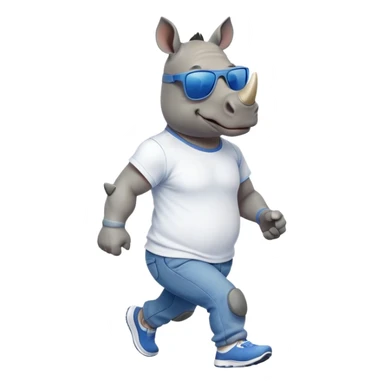 friendly anthropomorphised rhino in jeans and t-shirt, wearing dark sunglasses, jogging upright, standard pose sticker