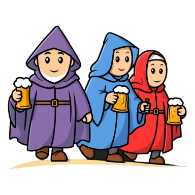 medieval pilgrims walking on a journey path with cloaks and beer bottles sticker
