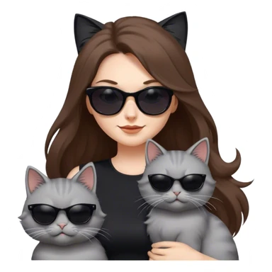 White woman with long brown hair wearing dark sunglasses and a black dress. She is smirking. next to her is a fluffy light grey cat who is also wearing dark sunglasses. The wind is blowing their hair and they are having fun sticker