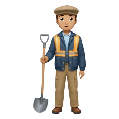 male worker 1950, wearing a flat cap, jacket and trousers, standing holding a shovel sticker