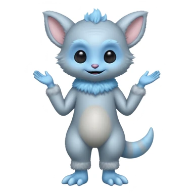 full body ...cute peacefull alien furry with 2 legs ....it has 1 eye....stands upright and looks intelligent ...wears clothing. is light grey and light blue..looks happy and cuddly... doesnt have eyes on face, there is a appendage coming from top of head with a single large eye sticker