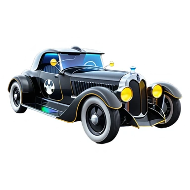 luxurious ghostly sporty antique electric Darth Vader’s Batman-armored 1926 black graphite colored enclosed twin seat town coupe Batmobile with horizontal holographic 3d stars painted on the body sides and neon underglow  sticker