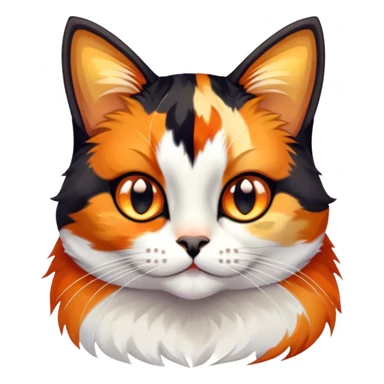Cinematic Cute Calico Cat Portrait Emoji, Head tilted playfully with sparkling, inquisitive eyes and a charming patchwork fur of orange, black, and white, simplified yet irresistibly adorable, highly detailed, glowing with a warm, inviting glow, high shine, bubbly and affectionate, styled with a touch of whimsical feline charm, soft glowing outline, capturing the essence of a delightfully cute calico cat that looks as if it could prance off the screen into your heart! sticker