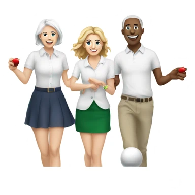 Create an image on white friends two male and two female all white playing ground shuffleboard with tangs in hand celebrating Christmas  sticker