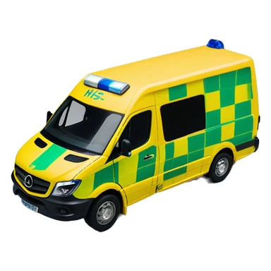 NHS Mercedez sprinter ambulance, yellow body, with green and yellow checkerboard print along the bottom. NHS logo on the side. Blue flashing light strip along top sticker
