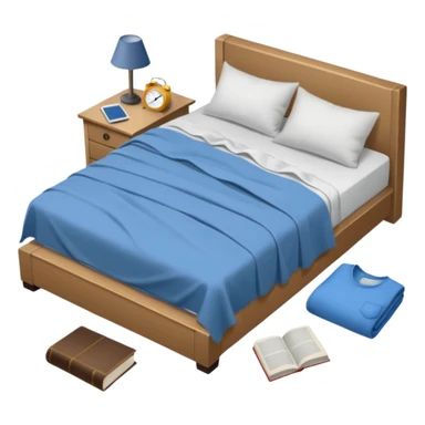 messy bed with a wrinkled blanket, the pillow out of place on the floor. Around the bed, scattered items include a t-shirt, pants, and an open book on the floor. sticker