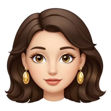 Luxury Milan girl Greta emoji: oval face, flawless skin, big light almond eyes with lashes/eyeliner, arched brows, flirty half-smile glossy lips, beauty mark, wavy warm brunette hair, gold hoop earrings, soft glow, champagne bg with sparkles, 3D sticker style, centered. sticker