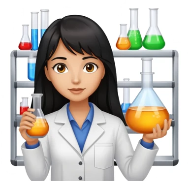 Crear una imagen de una profesora de quimica de piel canela pelo negro largo con reflejos marrones y flequillo, que este en un laboratorio, sosteniendo un matraz sticker