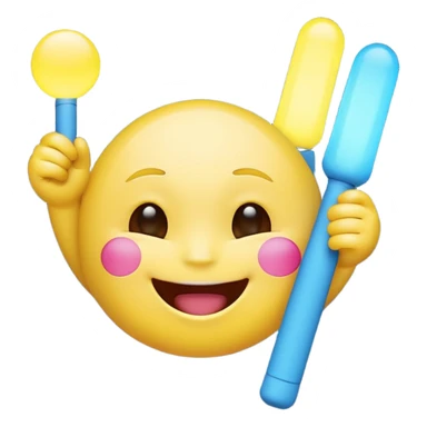 An excited yellow emoji face with closed smiling eyes and blushing cheeks, cheering enthusiastically while holding up two glow sticks (one blue, one pink). It represents high energy, fandom, and celebration. sticker