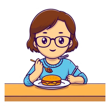 Braunhaariges Mädchen hellhäutig braune Augen, sitzend am Tisch mit Mama und Brille und braune Augen am Essen  sticker