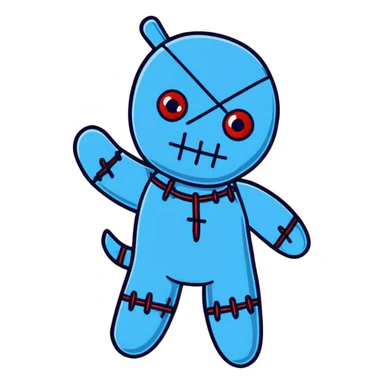 A Carolina blue voodoo doll with red stitching and buttons for eyes, with several pins stuck in it sticker