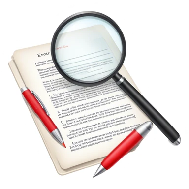 Create an emoji representing editing and proofreading. The design should feature an open document or manuscript with visible text and proofreading marks (such as red underlines or corrections). A red pen or pencil should be placed near the document, symbolizing the act of making edits. Optionally, include a magnifying glass to represent careful review. Use neutral and professional colors like white, black, and red accents to highlight the editing process. Do not include any emojis or smiley faces. Make the background transparent. sticker