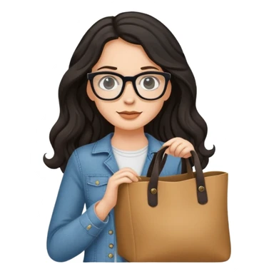 A white girl with black wavy long hair, wearing Wearing glasses and Crossing a tote bag sticker