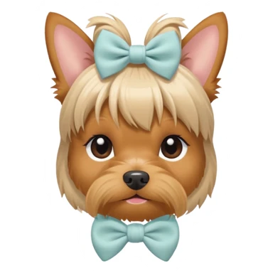 a Yorkshire Terrier face with a ponytail on head tied with a soft beige bow. Cute expression, flat design, pastel colors sticker