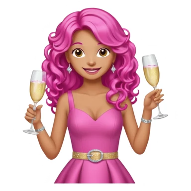 One lady with long hot pink curled hair and tan skin wearing a pink dress with sparkly belt holding a glass of pink champagne in each hand smiling cheerfully  sticker