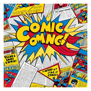 Create a vibrant emoji representing comic books and graphic novels. The design should feature a large, open comic book or vintage comic magazine with pages displaying classic comic art, with text. The comic pages should have bold, dynamic panels and action scenes. Include a pencil writing on the pages, but without a hand, to symbolize the artistic creation of comics. Use bright colors like red, blue, and yellow, with a retro feel to the design. Make the background transparent. sticker