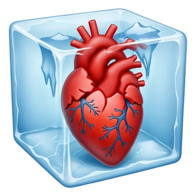 A realistic human heart completely frozen, trapped inside a clear ice cube sticker